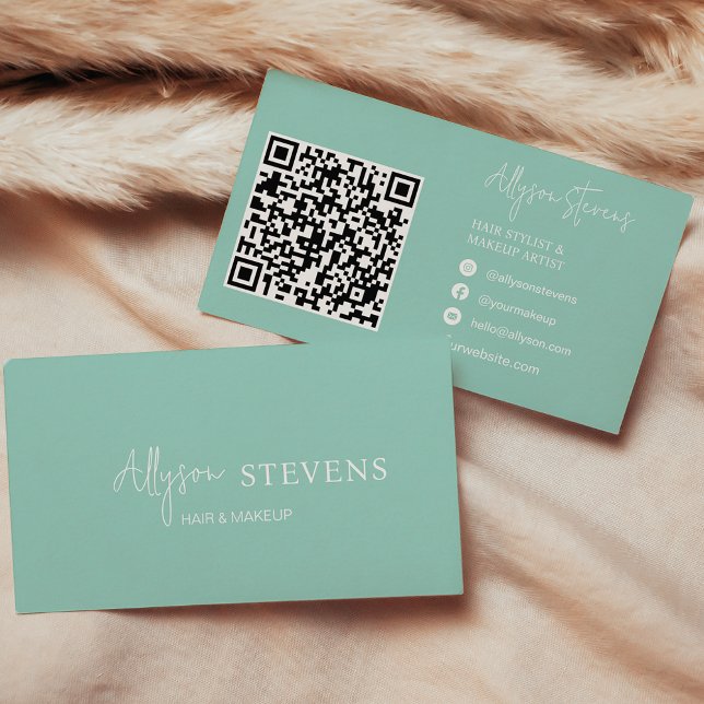 Logotyp: vit turkos hårmakeup qr-kod visitkort (Logo script white turquoise hair makeup qr code business card)