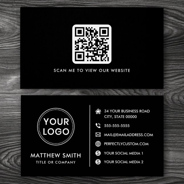 Logotyp webbplats social media QR svart affärskort Visitkort (Professional black business cards with custom logo and QR code template)