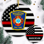 Logotypen Emblem Firefighter  för brandavdelningen Julgransprydnad Keramik<br><div class="desc">Thin Red Line Fire Department Ornament - American flagga in Firefighter Flagga, modern svart- och röddesign. Anpassa med din avdelnings logotyp och brandman namn.. Den här personligens brandgator är perfekt för brandkårer och brandkårer, pension eller studenten, julklappar till brandkårer. Beställ dessa brandgator i grossistledet för brandhögskolan eller brandkårshögkvarnar, jaktstuffare för...</div>