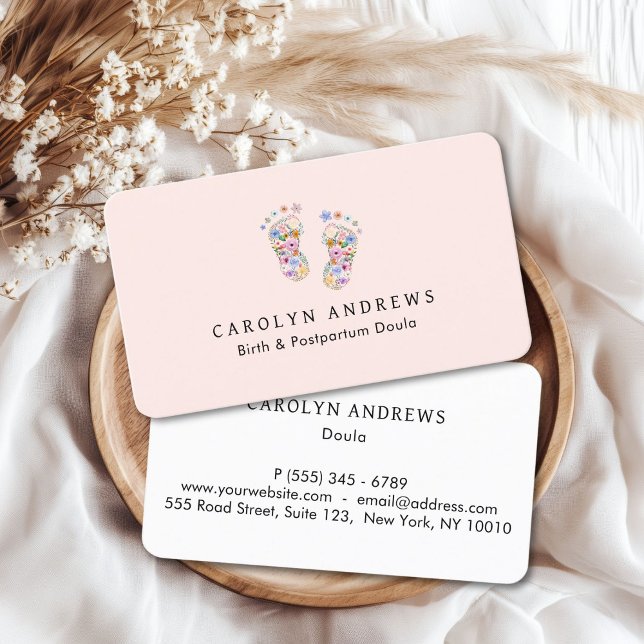 Logotypen Färgavtrycksfärgen Baby  Rosa Visitkort (Colorful Flower Baby Footprint Logo Blush-Pink-White Business Card)