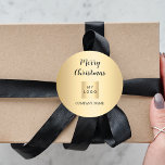 Logotypen för verksamheten i guld jul runt klistermärke<br><div class="desc">En snyggt faux guld tittar bakgrund. Anpassa och lägg till ditt företag,  din logotyp och en text. Text: God jul skrivet med ett modernt handbrev stil.</div>