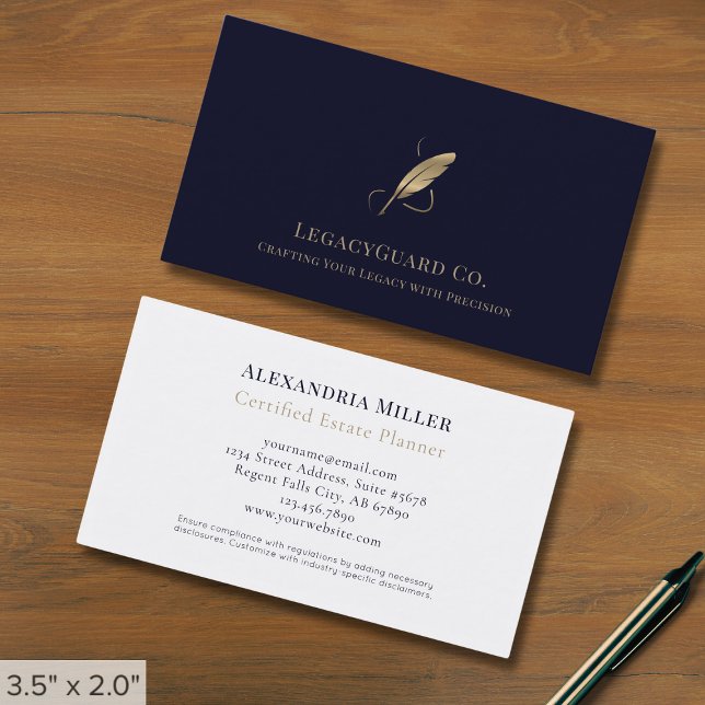 Logotypen Navy Blue Guld Quill Visitkort (Skapare uppladdad)