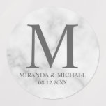 Logotypsetiketter för vit marmorElegant Klistermärke<br><div class="desc">En elegant med monogram,  namn och datum i grått serif font stil på vit marble-bakgrund.</div>