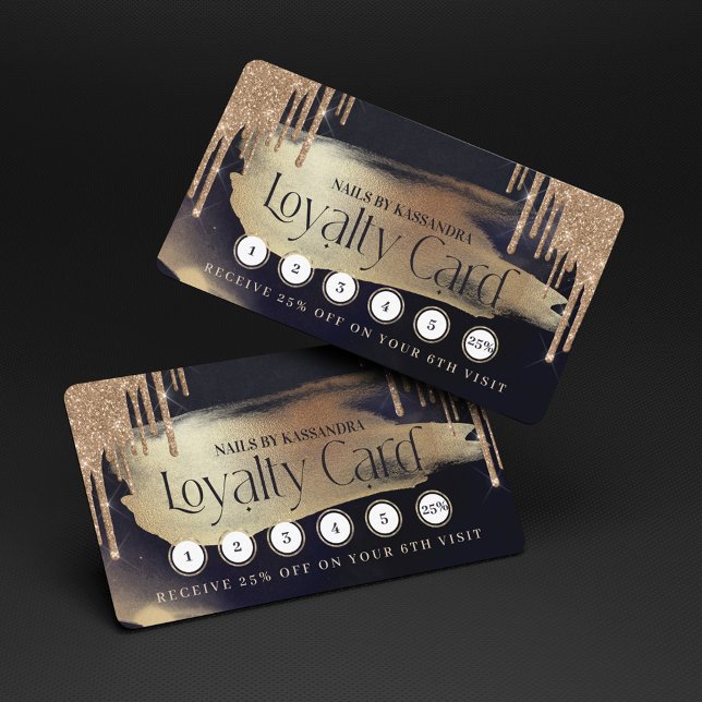 Lojalitet vid Guld Glitter Drivflottan och Guld Lo Visitkort (Glamorous Gold Glitter Drip Navy & Gold Loyalty Business Card)