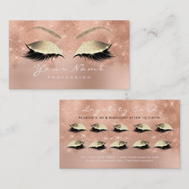 Lojalitetskort 10 Makeup Lash Ro Guld Glitter (Fram/baksida)