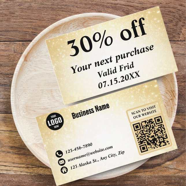 Lojalitetsrabatt för Glamous Glitter Guld QR-kod Rabattkort (Glamorous Glitter Gold QR Code Loyalty Discount Cards for Beauty Businesses)