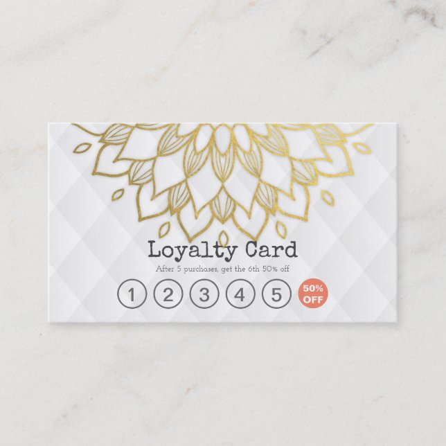 Lojalty Card Guld Blommigt White Leather Hair Make Lojalitetskort (Framsida)