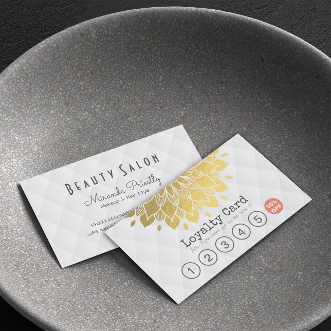 Lojalty Card Guld Blommigt White Leather Hair Make Lojalitetskort (Skapare uppladdad)