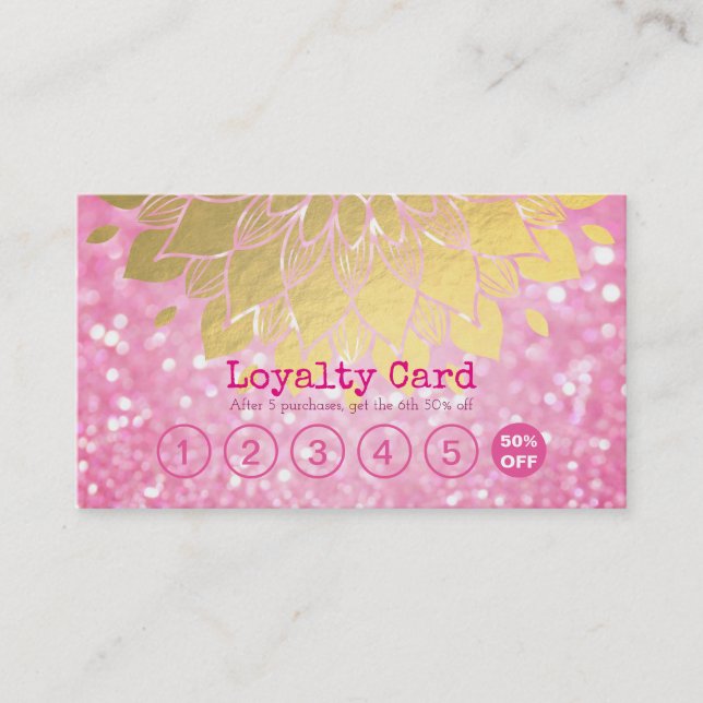 Lojalty Card Rosa Glitter Guld Blommigt Makeup Hai Lojalitetskort (Framsida)