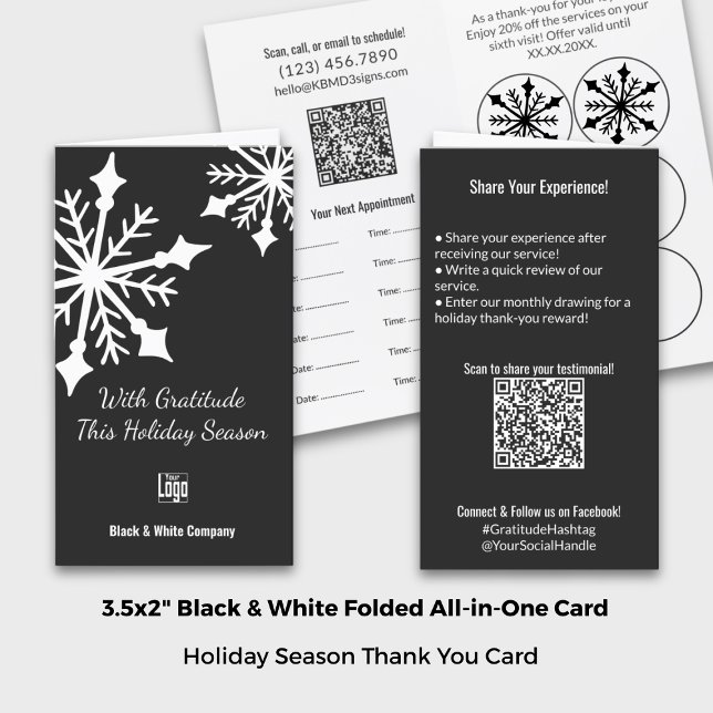 Lojalty för mappad svartvit Helgdag-Tack Tidsbeställning Kort (Folded Black White Holiday Thank You Review Loyalty Appointment Card; Size: 3.5"x2", Portrait Format)
