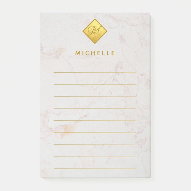 Löjd Marble Guld Monogram Golden Namn White Post-it Block (Framsida)
