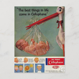 Löjlig gammal cellofan-stork-reklam vykort