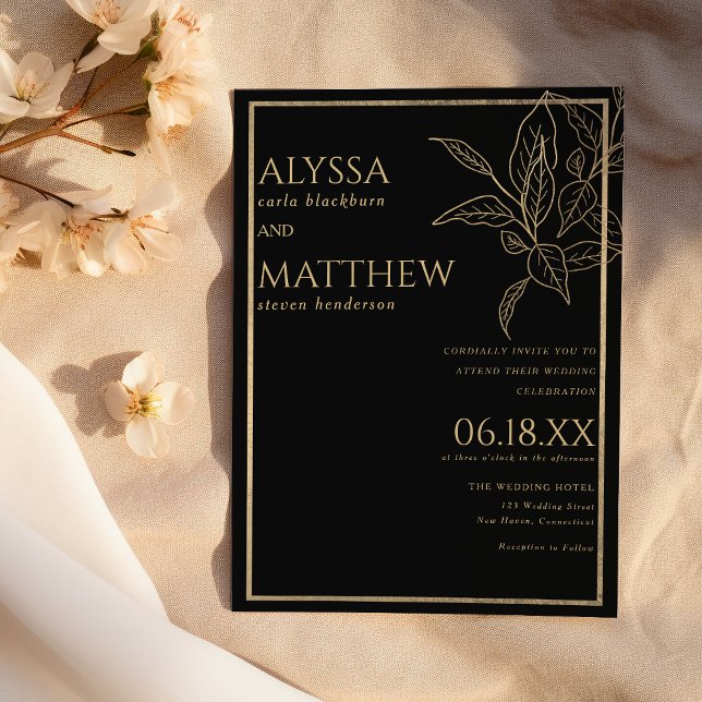 Löjlig lyx och svart guld bröllop inbjudningar (Luxury simple and black gold foliage wedding )