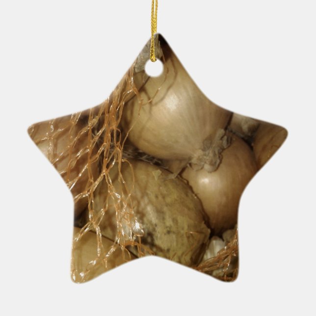 Lök i nät, matgrönsaker, kryddkokning julgransprydnad keramik (Framsidan)