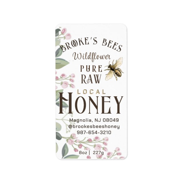 Lokal honung Hex Burk Söt Meadow Flowers & Bee Adressetikett (Framsidan)