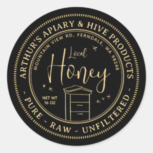 Lokal honung med bikupor och bin ren ofiltrerad rå runt klistermärke