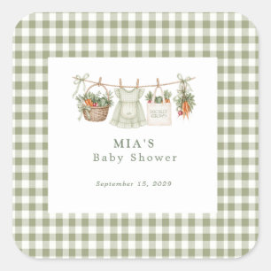 Lokalproducerad Sage Gingham Baby Shower Fyrkantigt Klistermärke