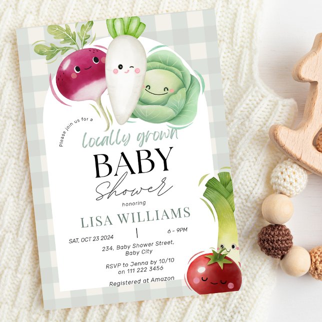 Lokalt odlad Baby-jordbrukarens babyskor på markna Inbjudningar (Locally Grown Baby Cute Farmers Market Baby Shower Invitation)