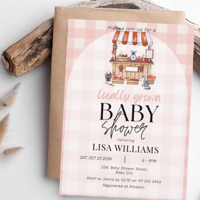 Lokalt odlad Baby-jordbrukarens babyskor på markna Inbjudningar (Locally Grown Baby Farmer's Market Rustic Baby Shower Invitation)