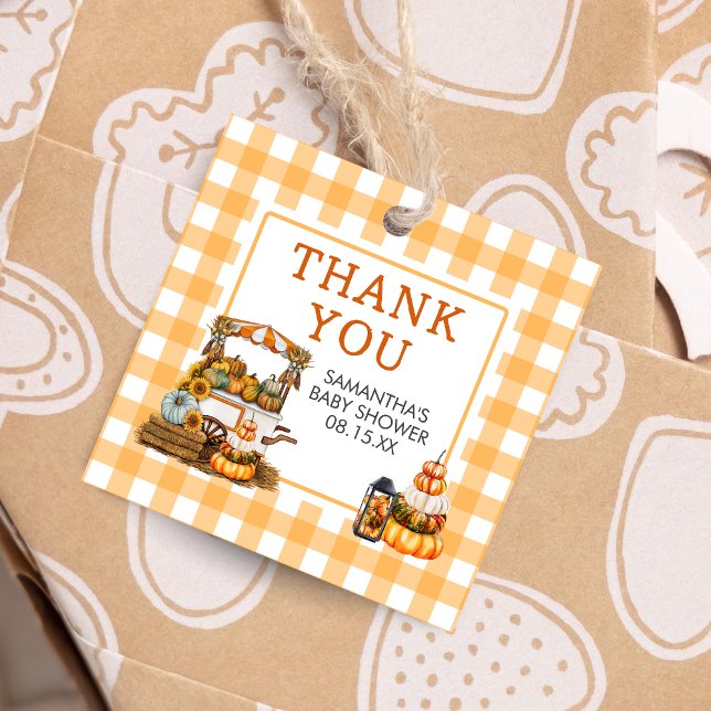 Lokalt odlad babybabybabyskorgett gåvor etiketter (Fall Pumpkin Baby Shower Favor Tags)