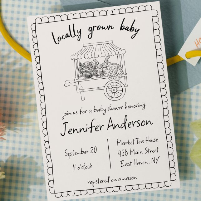Lokalt odlad babydusch för Baby Hand plockade Inbjudningar (locally grown baby shower hand drawn farmers market cute scribble doodle home grown gender neutral )