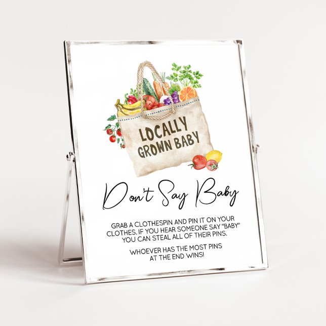 Lokalt odlad babydusch Säg inte att Baby skriver u Poster (Farmers Locally Grown Baby Shower Sign)