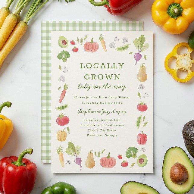 Lokalt Odlad Bondemarknad Grönsaks Baby Shower Inbjudningar (Locally Grown baby shower invitation with hand-drawn watercolour vegetables)