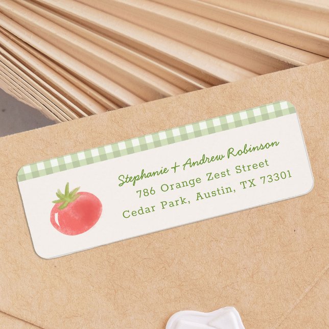 Lokalt Odlad Bondemarknad Returadress Etikett (watercolour tomato return address labels with gingham pattern detail)