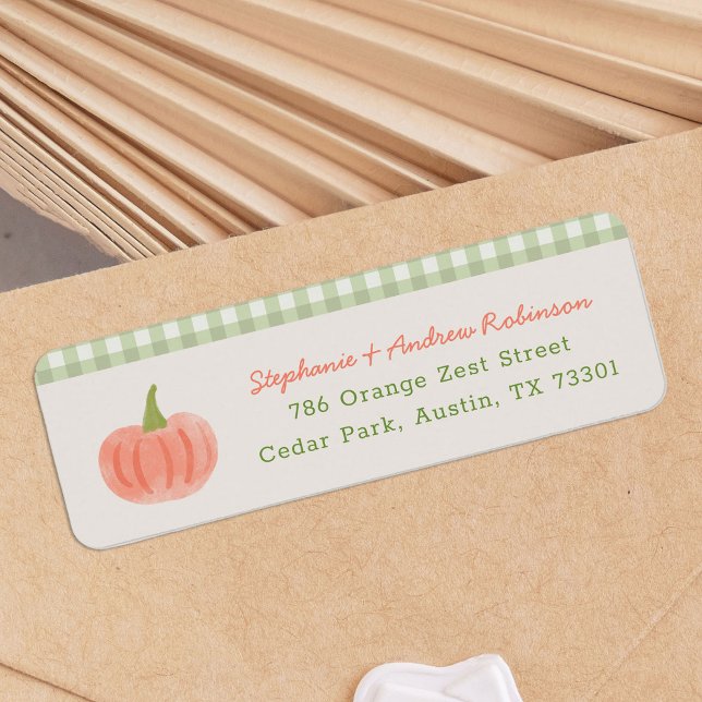 Lokalt Odlad Bondens Marknad Returadress Etikett (watercolour pumpkin return address labels with gingham pattern detail)