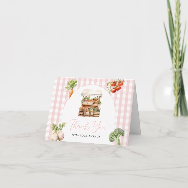 Lokalt odlad färskvarumarknadsbabyskor Gingham Tack Kort (Framsida)