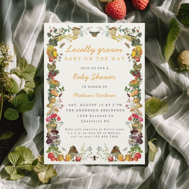 Lokalt odlad grönsaksmarknad för baby shower inbjudningar (Locally grown baby shower invitation with vintage fruit & produce illustrations in a market setting)