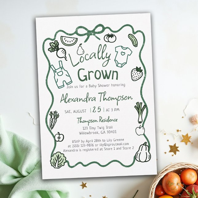 Lokalt Odlad Handritad Bågkläder Babyfirande Inbjudningar (locally grown baby shower invitation hand drawn bow frame produce farm fresh green clothes)