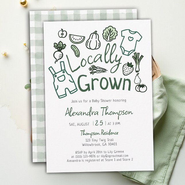 Lokalt Odlad Handritad Bondgårdsgrönsaker Baby Sho Inbjudningar (locally grown baby shower invitation hand drawn produce farm fresh green clothes garden patch)