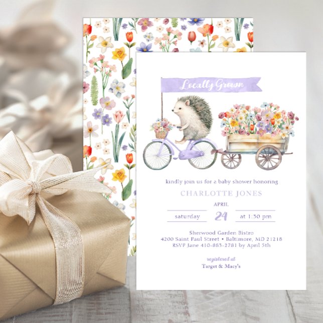 Lokalt odlad Hedgehog Baby Shower-inbjudan Inbjudningar (Whimsical Baby Shower Invitation - Purple)