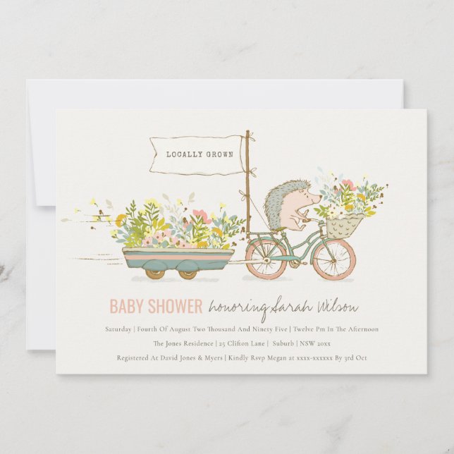 Lokalt odlad Hedgehog Blommigt Baby Shower Inbjuda Tack Kort (Framsida)