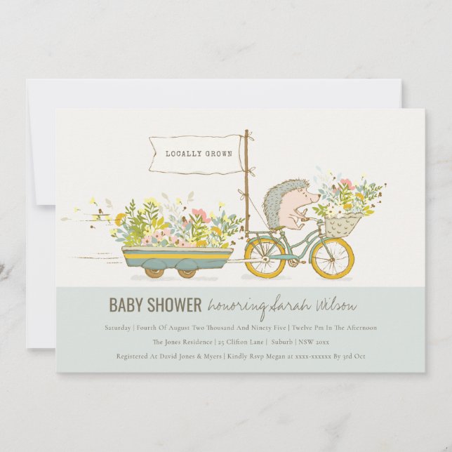 Lokalt odlad Hedgehog Blommigt Baby Shower Inbjuda Tack Kort (Framsida)