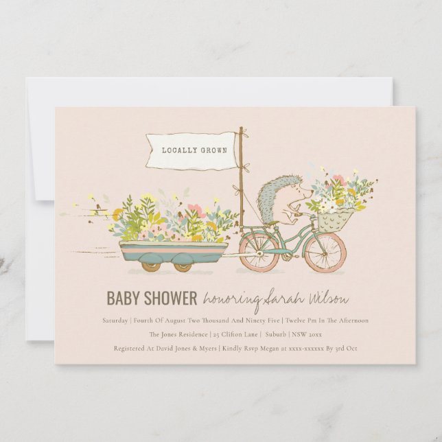 Lokalt odlad Hedgehog Blommigt Baby Shower Inbjuda Tack Kort (Framsida)