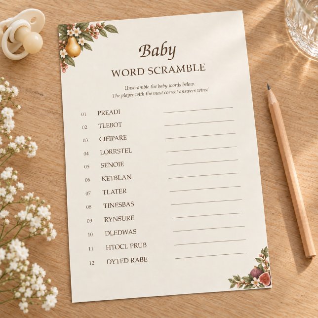 Lokalt Odlad Kort för Babyshower - Ordkrypteringsl (Locally Grown Baby Shower Word Scramble Card)