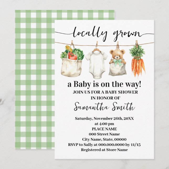 Lokalt Odlad Marknads Baby Shower Inbjudningar (Fram/baksida)