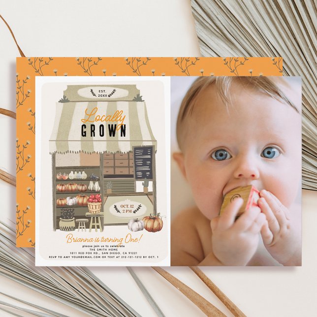Lokalt odlad marknadsfallfoto 1:a födelsedag inbjudningar (Skapare uppladdad)