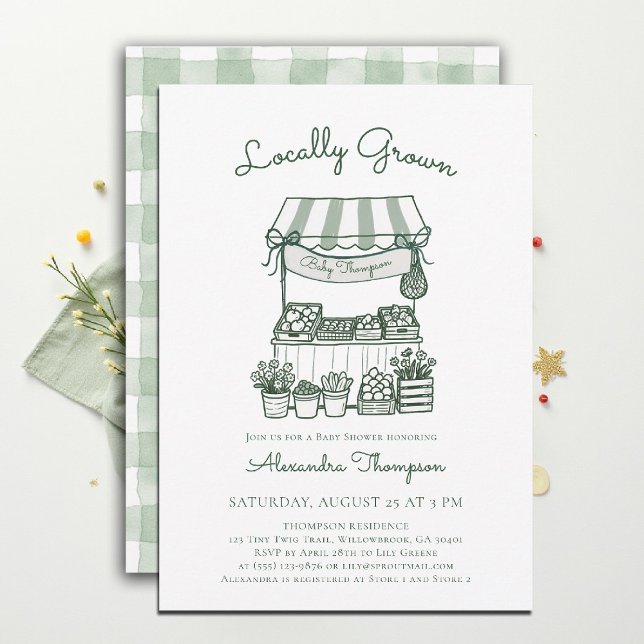 Lokalt Odlad Marknadsstånd Grön Bebis Shower Inbjudningar (locally grown baby shower invitation sprout produce watercolor farmers market stand gingham sage)