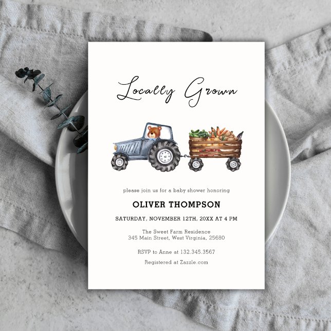 Lokalt odlad Nalle för jordbrukstraktor, babyskor Inbjudningar (Locally Grown Farm Tractor Teddy Bear Baby Shower Invitation)