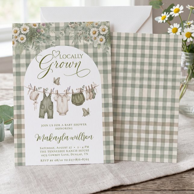 Lokalt Odlad Sälggrön Gingham Farm Bebis Shower Inbjudningar (Skapare uppladdad)