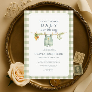 Lokalt Odlad Salvia Grön Gingham Babyfest Inbjudningar