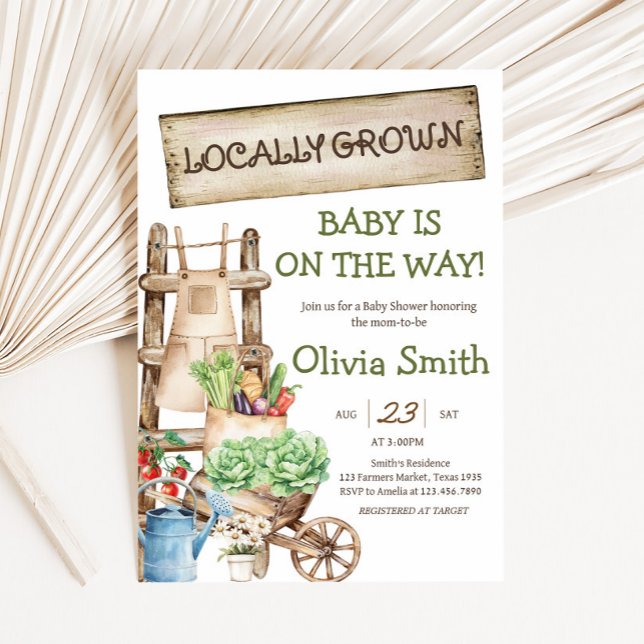 Lokalt odlad stödmarknadshandlare för små barn inbjudningar (Rustic Farmers Market Locally Grown Baby Shower Invitation)