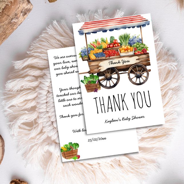 Lokalt odlade jordbrukare saluför babydusch tack kort (Locally grown farmers market baby shower thank you card vintage farm stall cart with vegetablies)