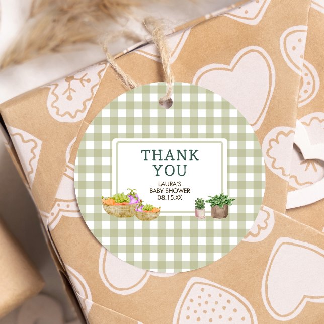Lokalt odlade lantbrukare Marknadsför babyskor Gåvor Etiketter (Green Farmers Market Locally Grown Baby Shower Round Favor Tags)