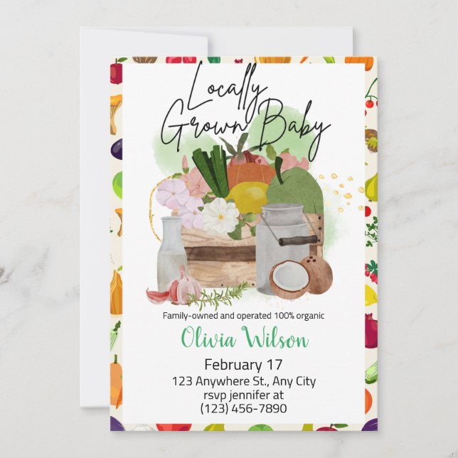 Lokalt odlade lantbrukare marknadsför babyskor inbjudningar (Framsida)