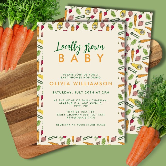 Lokalt odlade lantbrukare marknadsför babyskor inbjudningar (Locally grown baby shower invitation for gender neutral farmers market vegetable theme.)