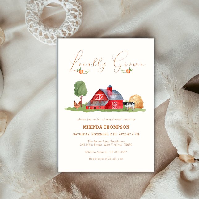 Lokalt odlade lantbrukare Marknadsförda Barn Baby  Inbjudningar (Locally Grown Farmers Market Barn Baby Shower Invitation)
